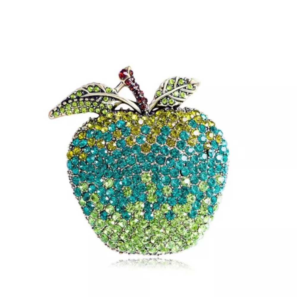 NWOT Gorgeous teal and lime green crystal apple brooch